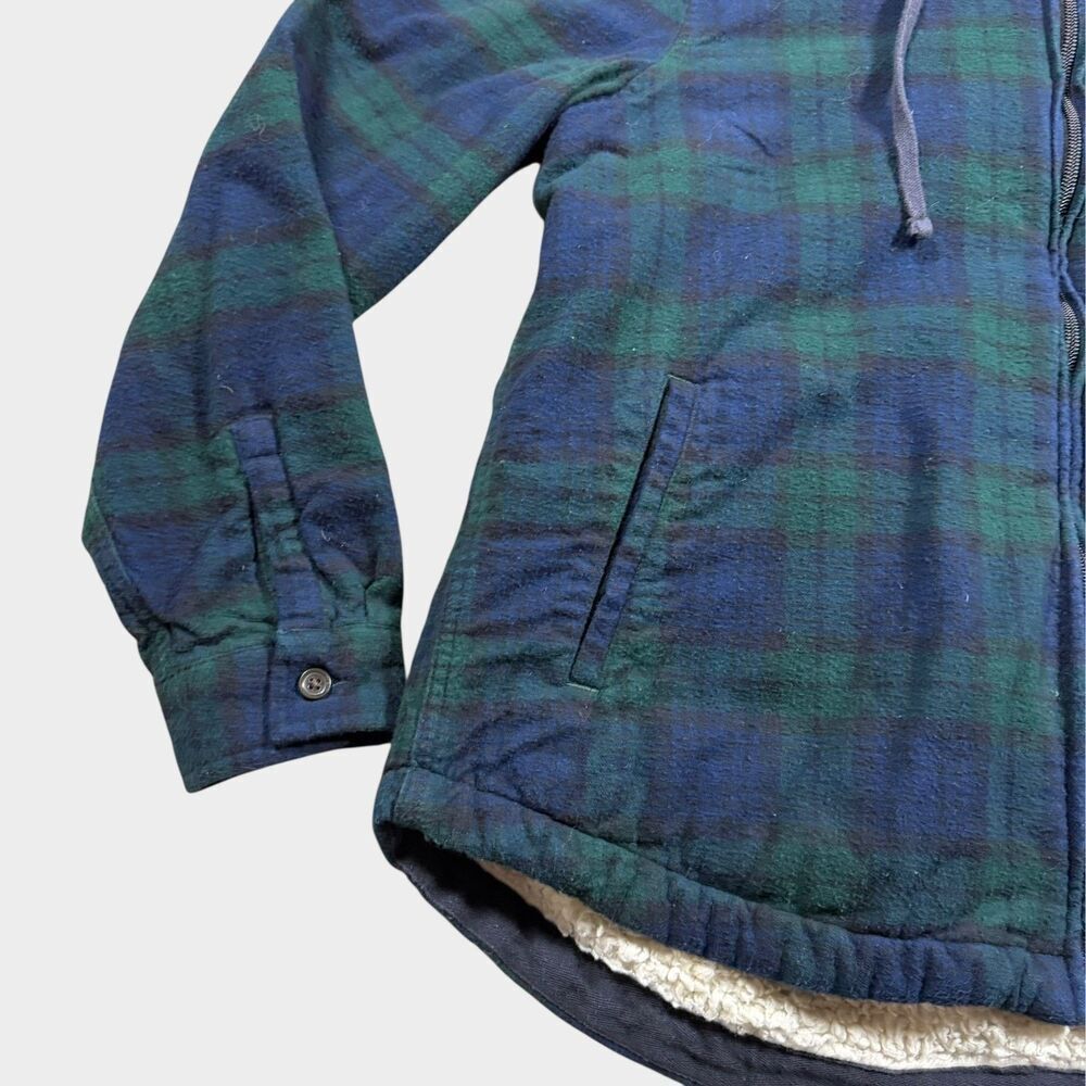 L.L. Bean Sherpa Lined Plaid Hoodie Jacket Men’s S Small Green Watch Flannel Zip - Picture 5 of 10